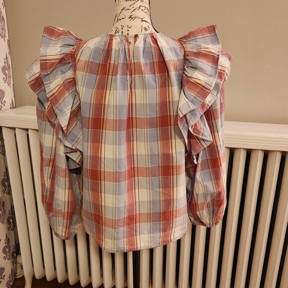 Ulla Johnson Caasi 100% Cotton Ruffled Plaid Blouse in Colorful Madras, Sz 6 - Picture 4 of 14